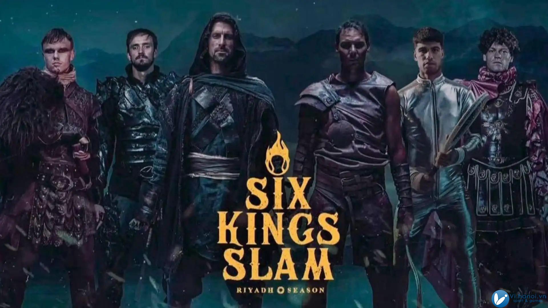 Sáu tay vợt tham gia Six Kings Slam gồm Rune, Medvedev, Djokovic, Nadal, Alcaraz, Sinner (trừ từ trái qua phải). Ảnh: ATP